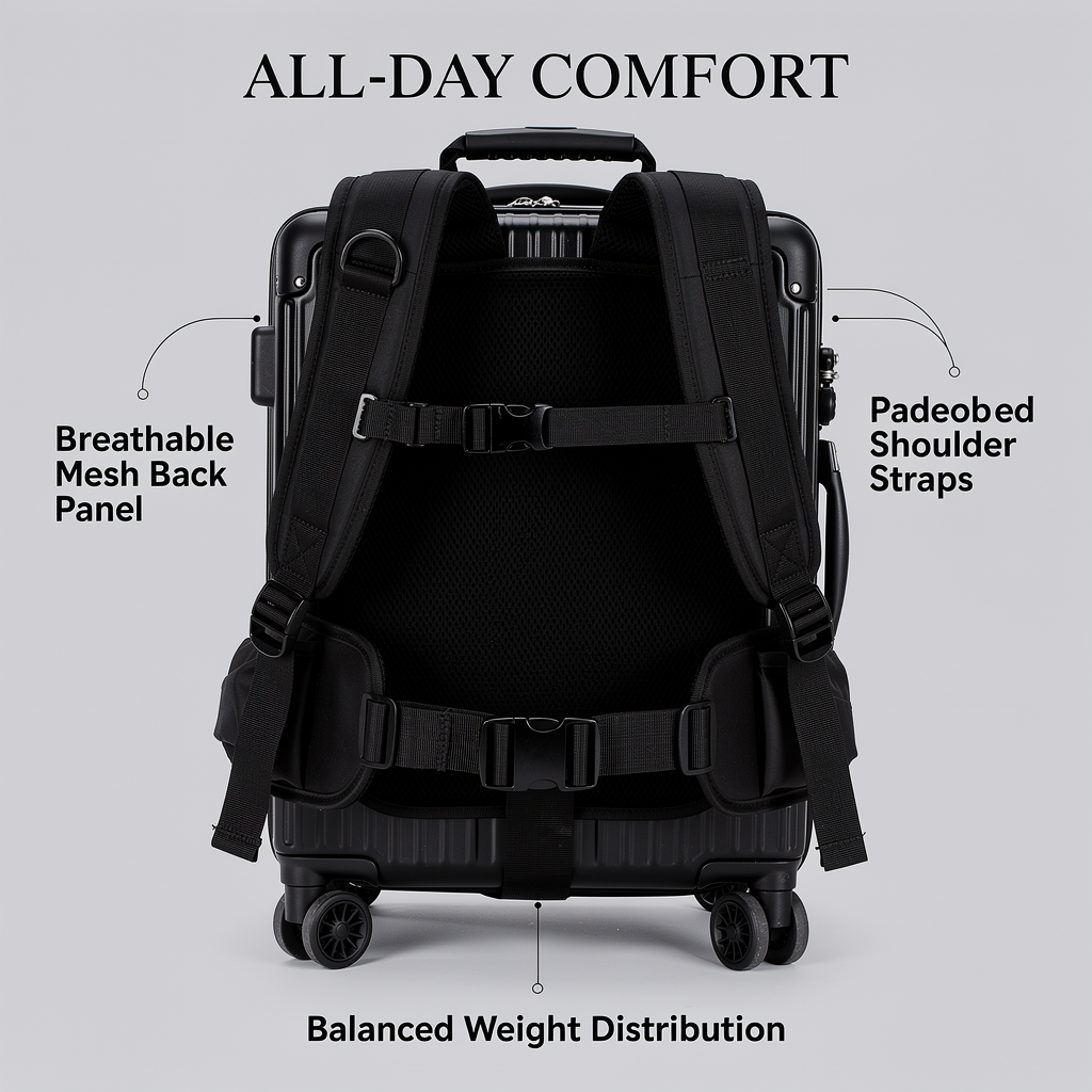 WAYVE Harness worn as backpack — both hands free while traveling