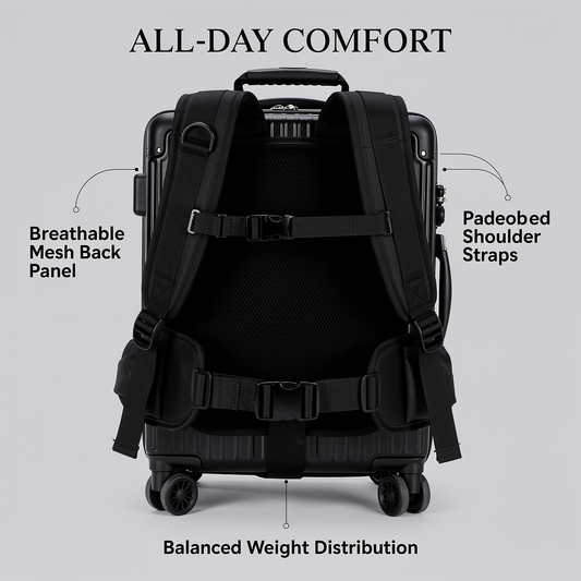WAYVE Harness worn as backpack — both hands free while traveling